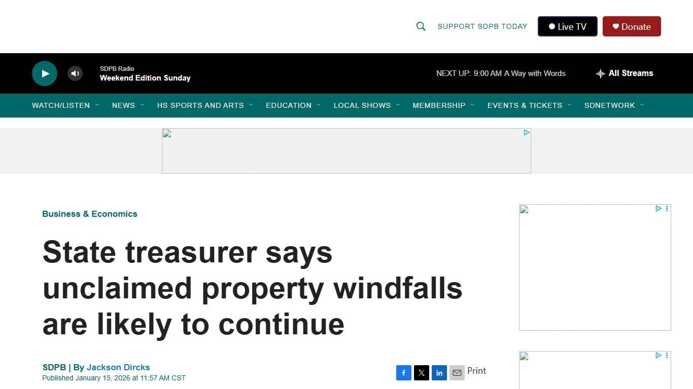 State treasurer says unclaimed property windfalls are likely to continue SDPB