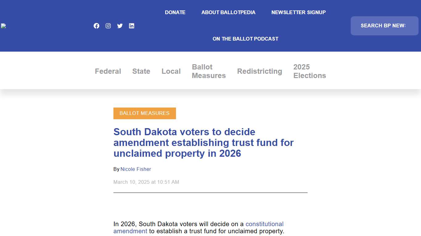 South Dakota voters to decide amendment establishing trust fund for unclaimed property in 2026 - Ballotpedia News