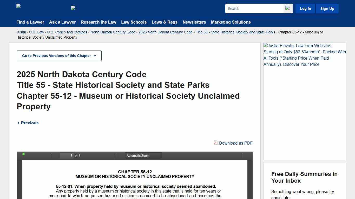 North Dakota Century Code Title 55, Chapter 55-12 (2025) - Museum or Historical Society Unclaimed Property :: 2025 North Dakota Century Code :: U.S. Codes and Statutes :: U.S. Law :: Justia