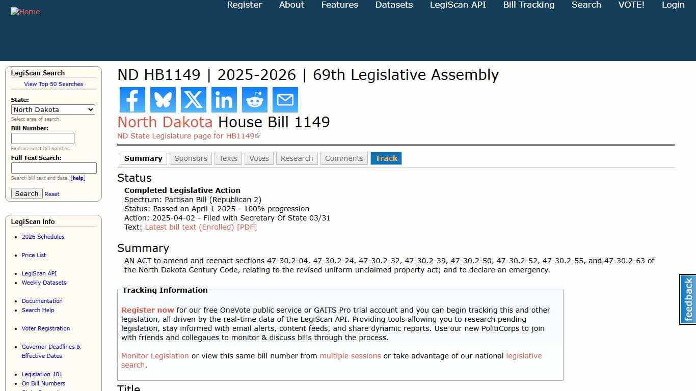 ND HB1149 2025-2026 69th Legislative Assembly LegiScan